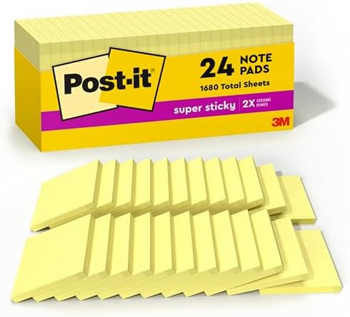 Süper Yapışkan Notlar, 2x Yapıştırma Gücü, 3x3 inç, Kanarya Sarı, 24-Pedler/Dolap Paketi (654-24SSCP)