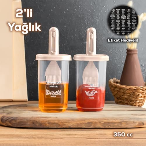 0520 2'li Etiketli Silikon Fırçalı Yağlık - Sosluk-Yağdanlık Erzak Saklama Kabı 350cc - Cappuccino