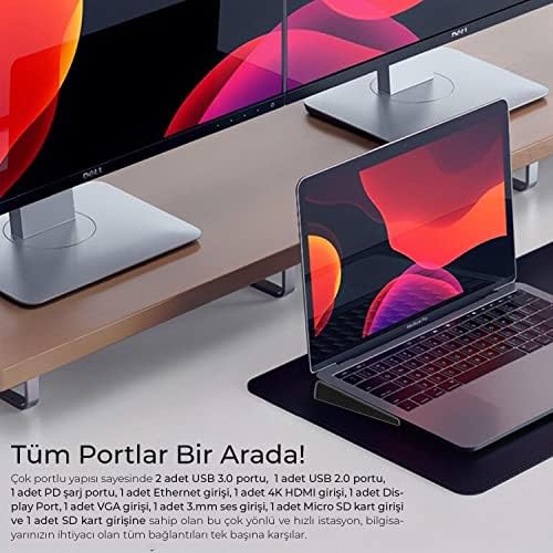 Bix BX12HB 11'i 1 USB C Hub, 4K HDMI, DP, VGA, Görüntü Aktarımı, 100W PD, 3x USB 3.0 Girişi, 1 Gigabit Ethernet, Micro SD/SD Girişi, 3,5 mm.  Pro için MultiPort Bağlantı Noktası.