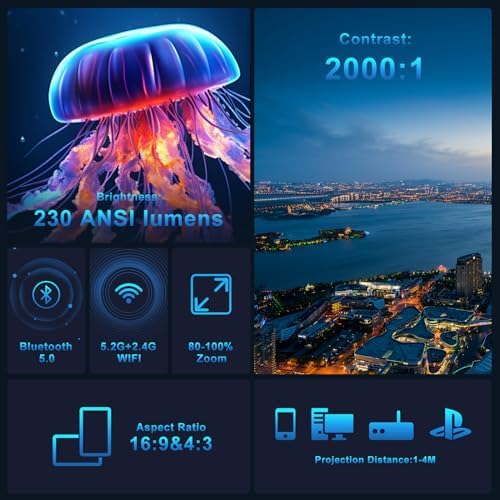 Projektör, 4K FHD mini taşınabilir projektör, 11.0 5G WiFi 6 BT 5.0 destekler, otomatik düzeltme, 150 inç, 360 derece dönebilir akıllı projektör, telefon/PC/dizüstü bilgisayar/TV