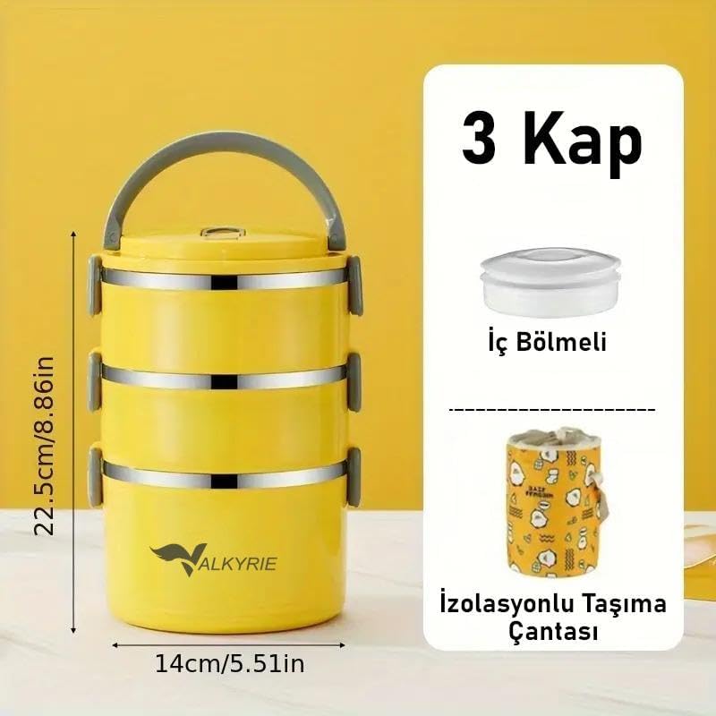 3 Gözlü Çelik Desenli Sarı Termal Bento Kutusu Çocuklar İçin Şirin