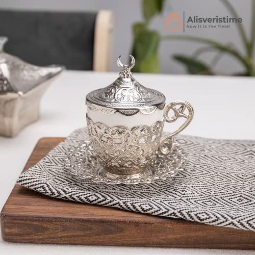 Hilal Motifli Türk Kahvesi Fincanı ve Tabağı – Gövde, Porselen İç Kupa – Geleneksel Gelincik Model (Tekli) (Gümüş Rengi)