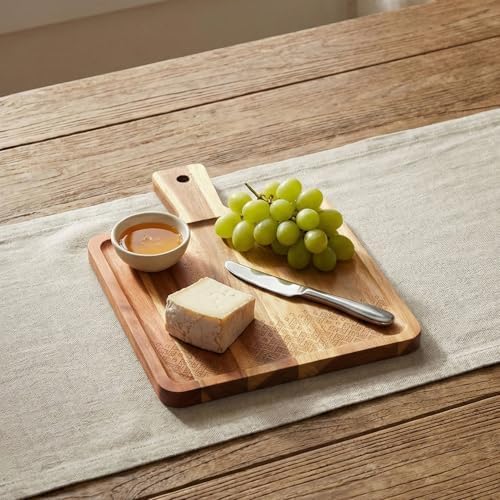 Doğal Akasya Ahşap Kare Sunum Tahtası ve Servis Tepsisi – 28.5x21 cm Özel Motif Desenli ve Kulplu Peynir Tabağı, Kenarlı Kahve Sunumluk