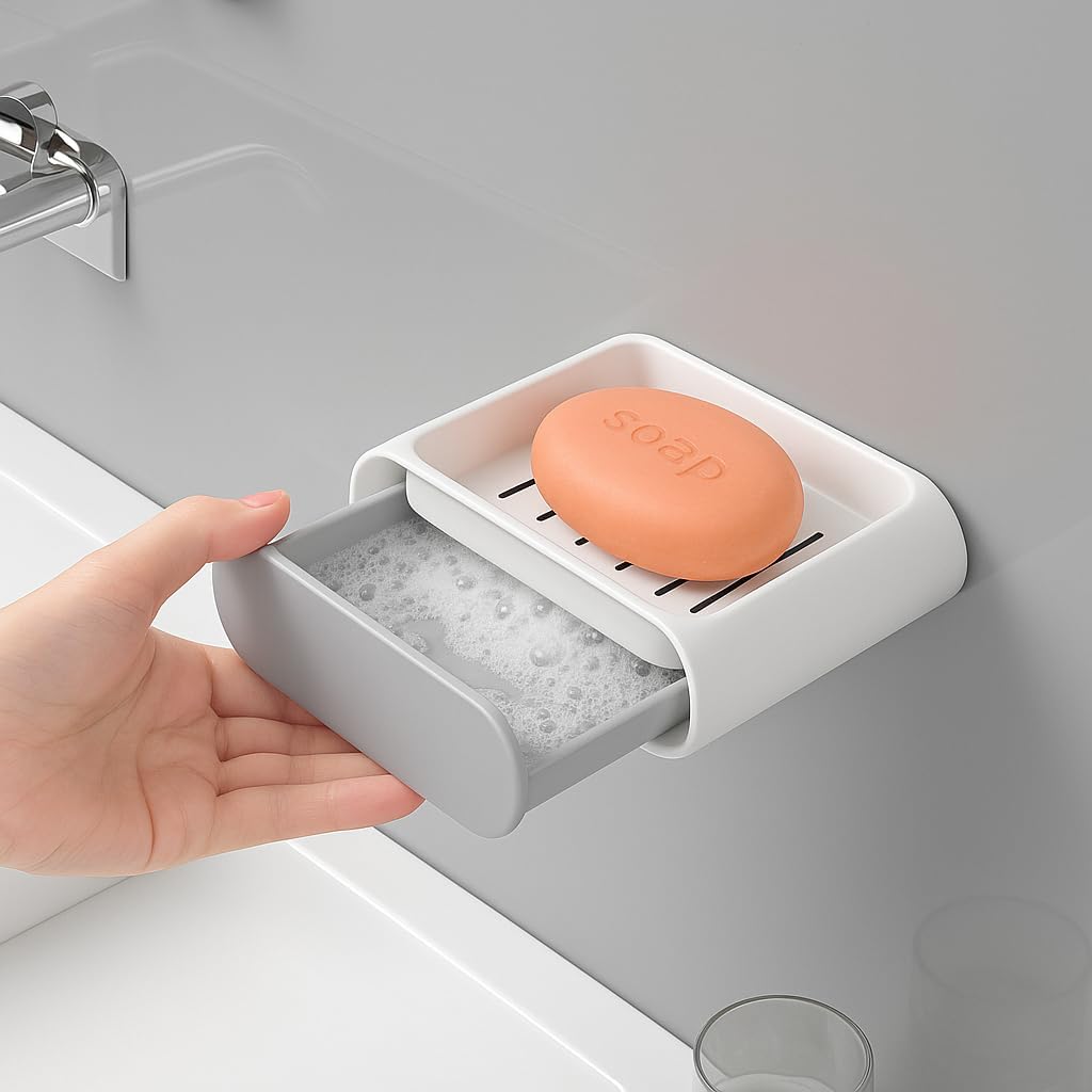 2 Adet Su Hazneli Katı Sabunluk Seti – Duvara Yapışan, Çekmeceli Drenaj Tasarım – Banyo & Mutfak Kullanımı, Kaydırmaz ve Kolay Temizlenebilir