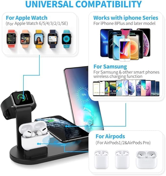 4'ü 1 arada Kablosuz Hızlı Şarj İstasyonu: 15-12 Pro Max,, AirPods ve Telefonlar için Hızlı Şarj, Zahmetsiz Şarj Deneyimi