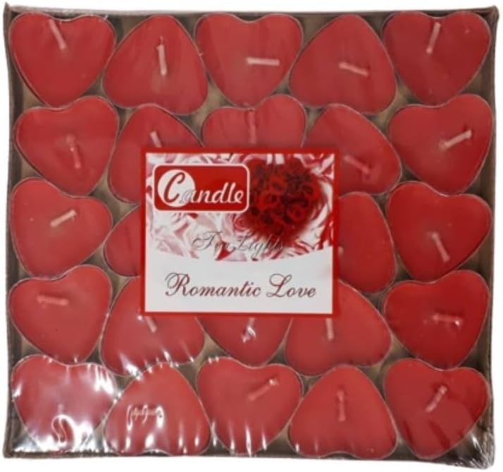 -Kırmızı Kalpli 25 Adet Tea Lights Mum