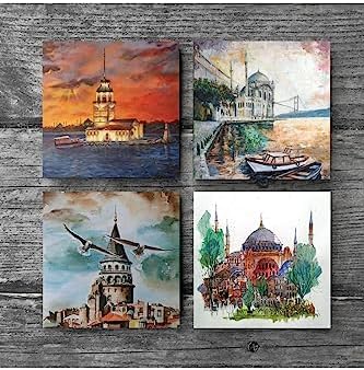 İstanbul Ayasofya, Galata Kulesi, Kız Kulesi, Ortaköy Taş Bardak Altlığı Seti - 4 Parça - Dekoratif, Rustik Mutfak Aksesuarı, 10x10 cm, Kaydırmaz Tabanlı, Şık ve Dayanıklı SC105