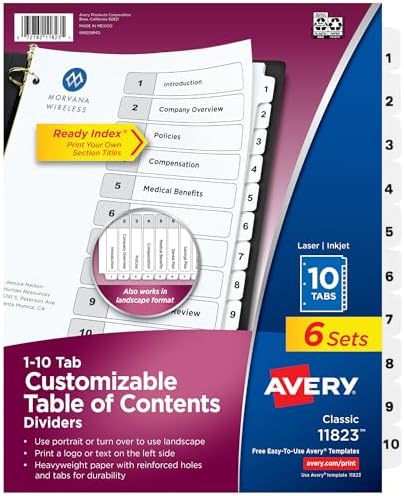 3 halkalı klasör için 10 bölmeli ayırıcı, özelleştirilebilir içerik tablosu, klasik beyaz sekmeler, 6 set (11823)