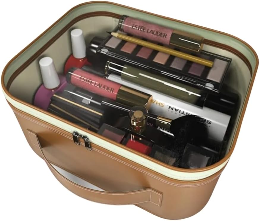 Şeffaf Makyaj Çantası - Makyaj Malzemesi Düzenleyici, Sütyen ve İç Çamaşır Organizeri, Kozmetik Malzemesi Saklama Çantası (Taba)