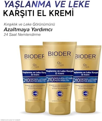 Bioder Yaşlanma Karşıtı El Bakım Kremi 50 ml – SPF 15 Koruma, Alfa Arbutin, Koenzim Q10, Kolajen ve C Vitamini İçerikli Nemlendirici