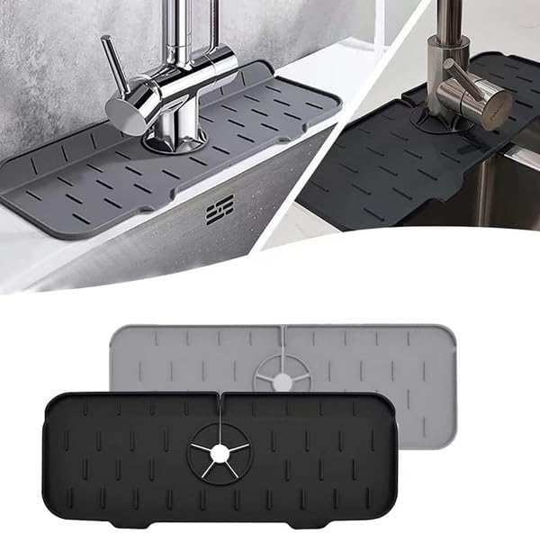 Silikon Musluk Matı ve Lavabo Sıçrama Önleyici – Mutfak ve Banyo İçin Su Tahliyeli Tezgah Koruyucu, Sünger ve Sabunluk Düzenleyici, Kaymaz Musluk Arkası Kurutma Pedi (ASORTİ)