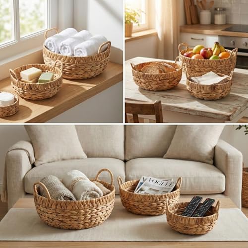 3'lü Yuvarlak Kulplu Derin Hasır Organizer Seti - Doğal Örgü Dekoratif Düzenleyici ve Saksılık - Banyo, Salon ve Çocuk Odası İçin Çok Amaçlı Sepet Takımı
