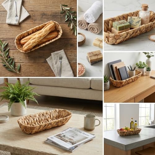 Hasır Oval Ekmek Sepeti ve Çok Amaçlı Düzenleyici, 28x6 cm Doğal Örme Sunum Tabağı, İnce Uzun Baget Ekmeklik, Çatal Kaşık ve Banyo Makyaj Organizeri