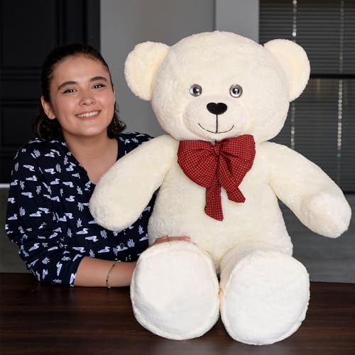 Krem Papyonlu Dev Pelüş Ayıcık,Yumuşak ve Sevimli Büyük Boy Oyuncak Ayı,Sarılmalık Ayı,Sevgiliye Hediye Ayıcık (100cmKrem)
