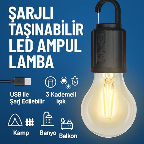 Store Şarjlı Taşınabilir LED Ampul Lamba – USB ile Şarj Edilebilir, 3 Kademeli Işık, Asma Kancalı & Kamp, Bahçe, Dolap, Balkon, Banyo İçin Acil Aydınlatma (3200K)