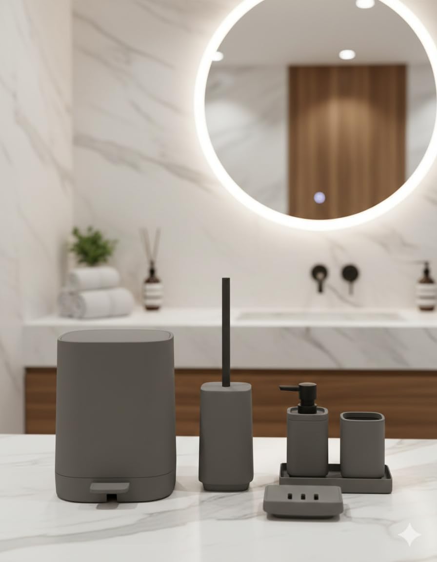 5 Parça Lüks Akrilik Banyo Seti | Mat & Bej | Kırılmaya Dayanıklı, Soft Dokulu Mat Yüzey | Diş Fırçalık, Sıvı Sabunluk, Tuvalet Fırçası, Katı Sabunluk, Pedallı Çöp Kovası (Gri)