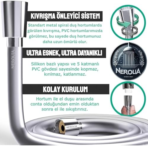 -175 cm Banyo Duş Hortumu - 360 Derece Dönebilen Rakor Sistemi, Kıvrışmaz Yapı