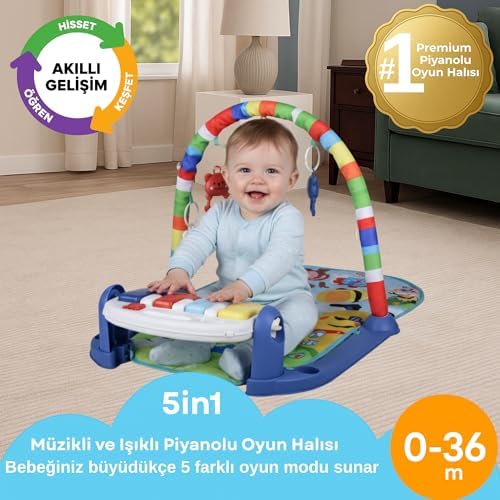 Premium 5-in-1 Piyanolu Oyun Halısı-Işıklı,Çoklu Melodi,Çift Yönlü Çıngırak (Mavi)