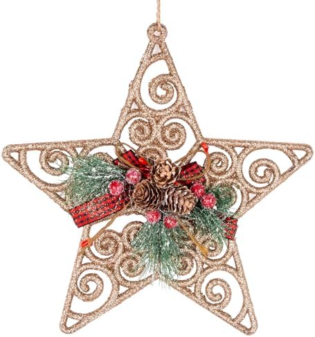 Yılbaşı Ağaç Süsü Yılbaşı Dekorlu Desenli Simli Yıldız 22 Cm.