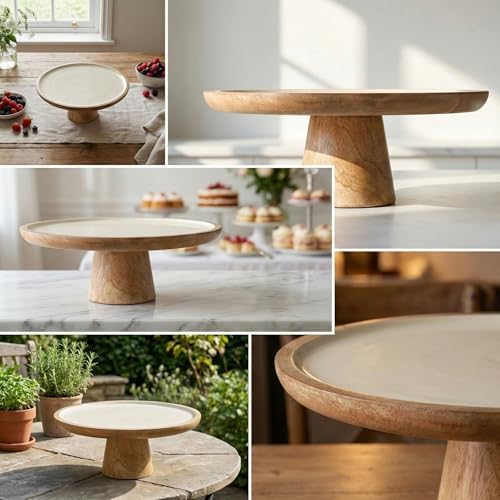 Mango Ağacı Ayaklı Kek Standı ve Sunum Tabağı - Krem İç Yüzeyli Doğal Ahşap Pasta Servisliği - 30 cm Çapında Dekoratif Yükseltici ve Peynir Tabağı