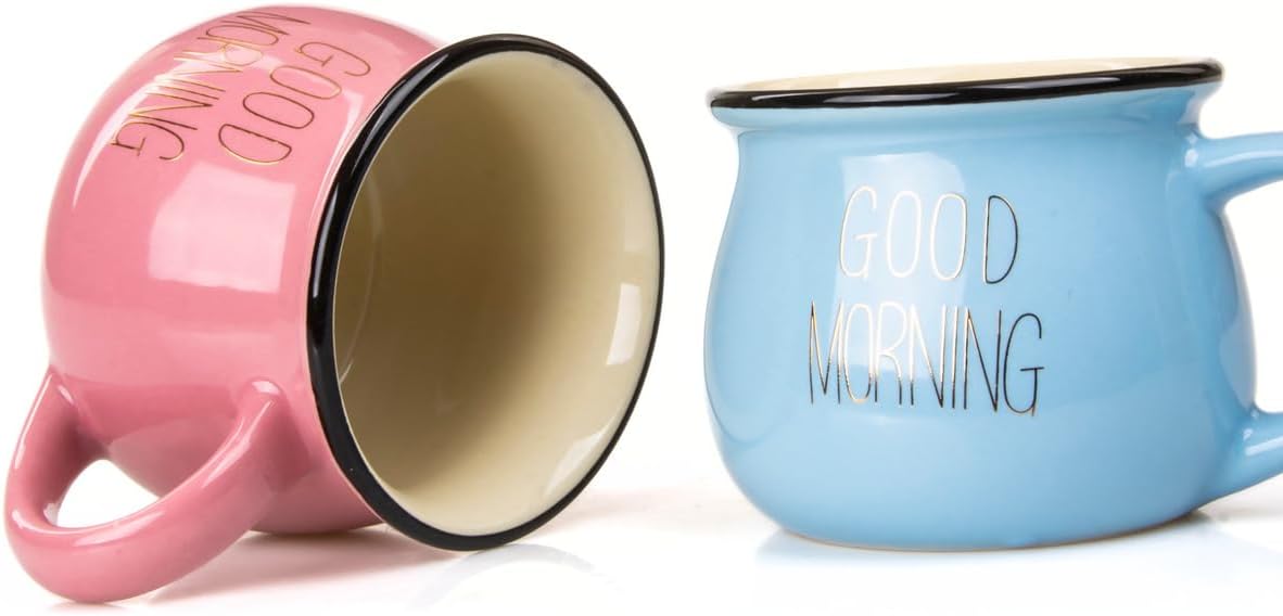 2'Li Görünümlü Renkli Porselen Kupa Seti Good Morning Yazılı 250 Ml,Pembe & Mavi