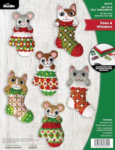 Bucilla, Paws & Whiskers, Keçe Aplike 6 Parça Süs Yapma Seti, Tatil Kendin Yap Sanatları ve El Sanatları için Mükemmel, 89701E
