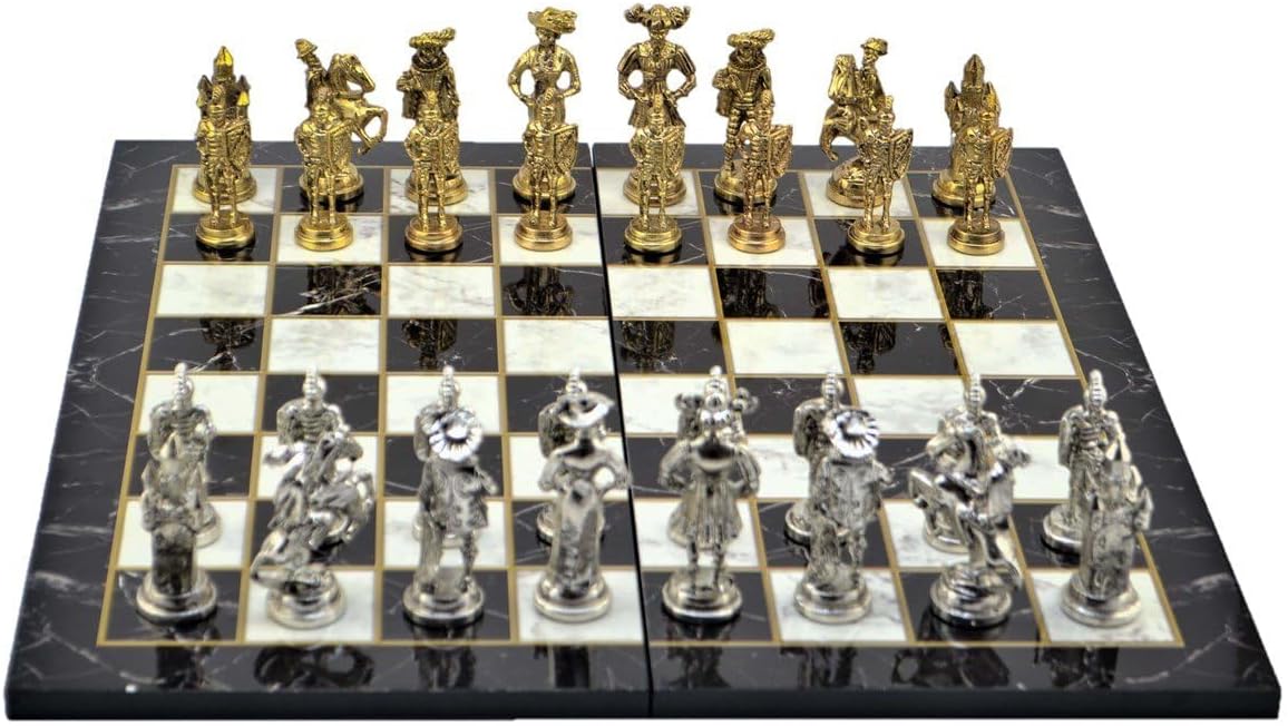 Gifthome, Metal Satranç Takımı/Seti; Battal,İspanyol,Parlak, Kat.Mermer Desenli Satranç Tahtası