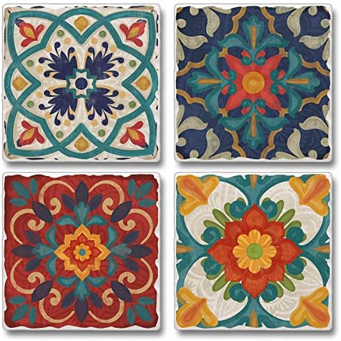 İspanyol Villası Çok Görüntü Emici Taş Eskitme Bardak Altlığı 4'lü Paket Koruyucu Mantar Destekli ABD'de Üretilmiştir