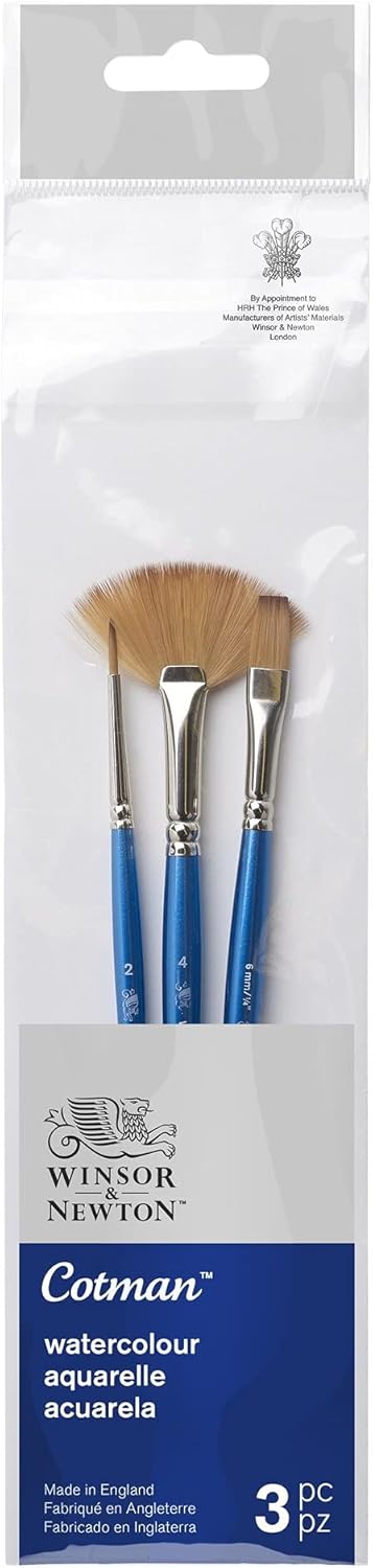 & Newton Cotman 5390608 Sulu boya sentetik kıl, 3'lü fırça seti, mükemmel sıçrama gücü, renk taşıma gücü ve nokta hassasiyeti ile yuvarlak fırça, No. 2, yelpaze fırça no. 4, tek dikiş fırçası 6