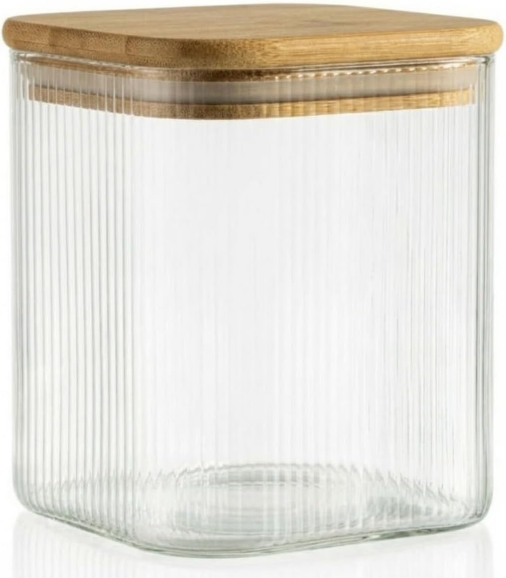 Bambu Kapaklı 200 ml Kare Cam Kavanoz – Çizgili Şeffaf Tasarım, Sızdırmaz Silikon Contalı Saklama Kabı