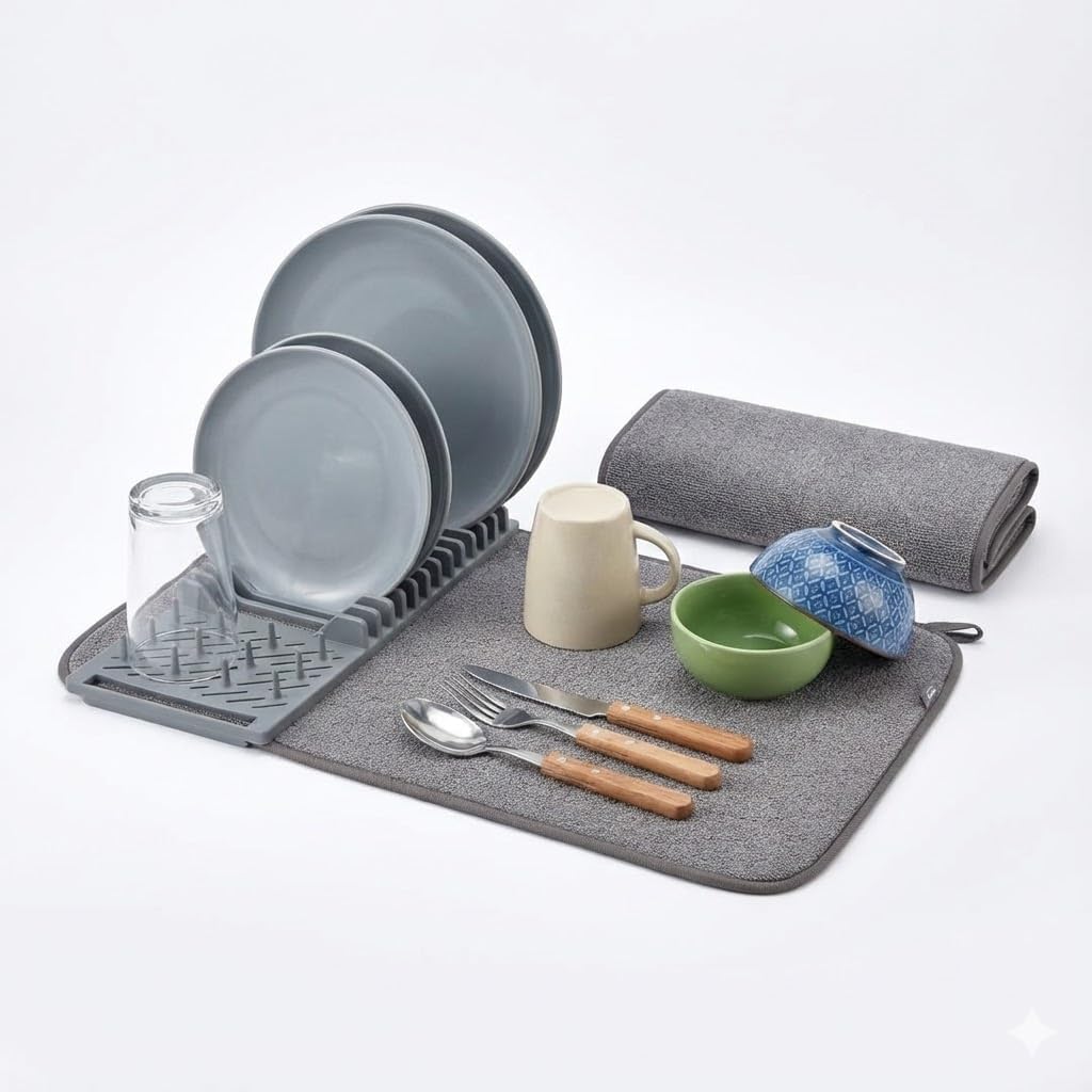 Mikrofiber Su Emici Bulaşıklık Matı – 37x60 cm Tezgâh Üstü Bulaşık Kurutma Matı, Kaymaz Su Emici Mutfak Matı, Katlanabilir Tabaklık Süzgeçli Plastik Sepetli Kurulama Örtüsü (Gri)