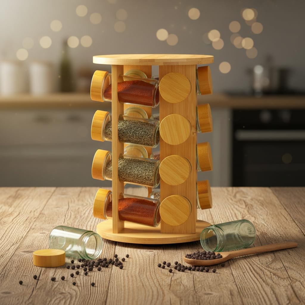 16'lı Döner Standlı Bambu Baharatlık Seti – 360° Dönebilen Ahşap Tezgah Üstü Baharat Takımı, 125 ml Cam Kavanozlu Büyük Boy Düzenleyici (19x29 cm)
