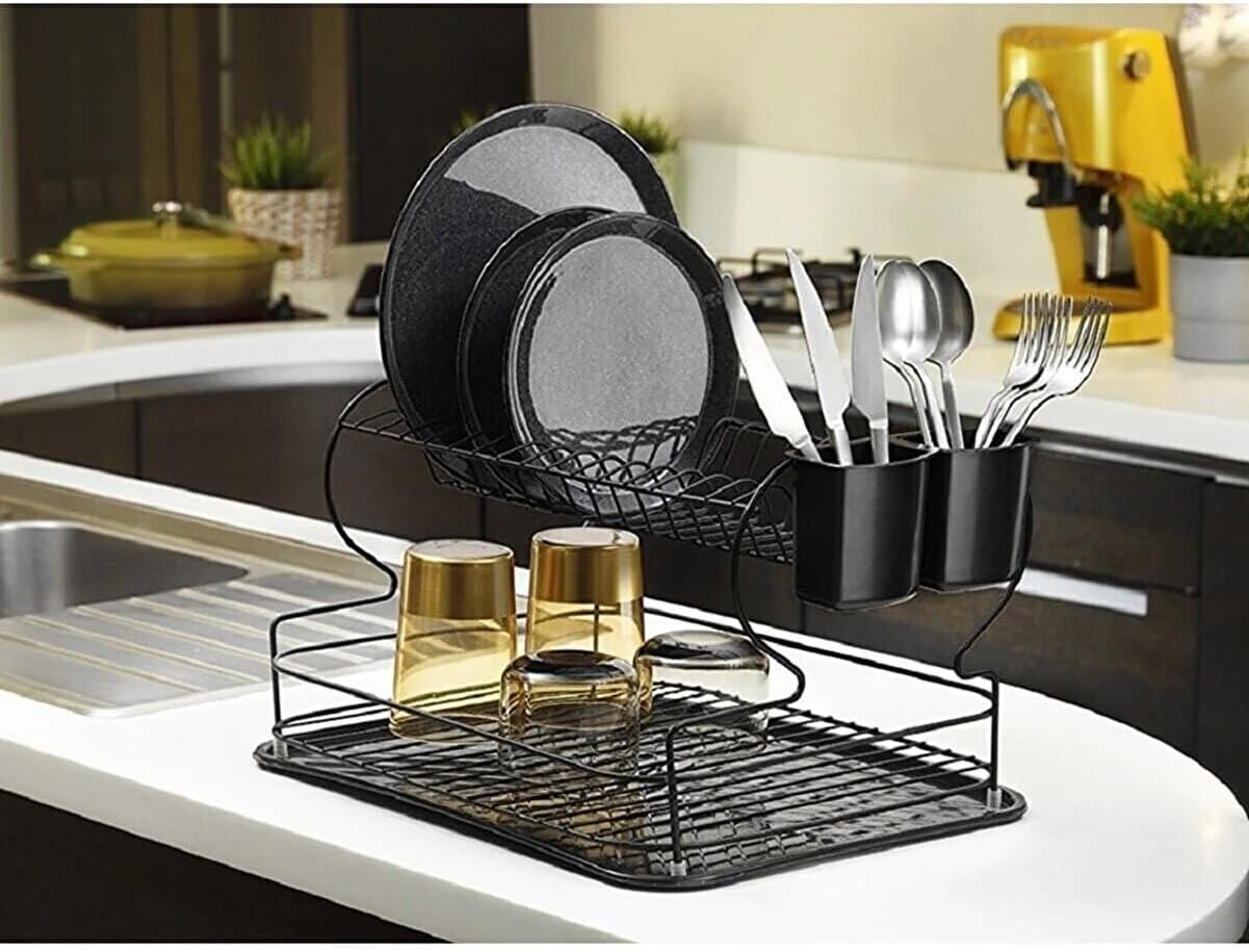 Banyo Ömür Boyu Paslanmaz Siyah Bulaşık Süzgeci İki Katlı Tabaklık Bulaşıklık Termo Plastik Kaplama