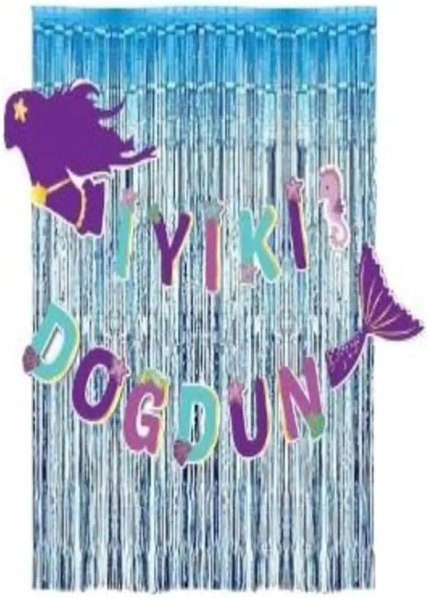 Mavi Arkafonlu Denizkızı Konseptli Iyi Ki Doğdun Yazılı Set Deniz Kızı Temalı Mor Mavi Uyumlu bmcNM1039