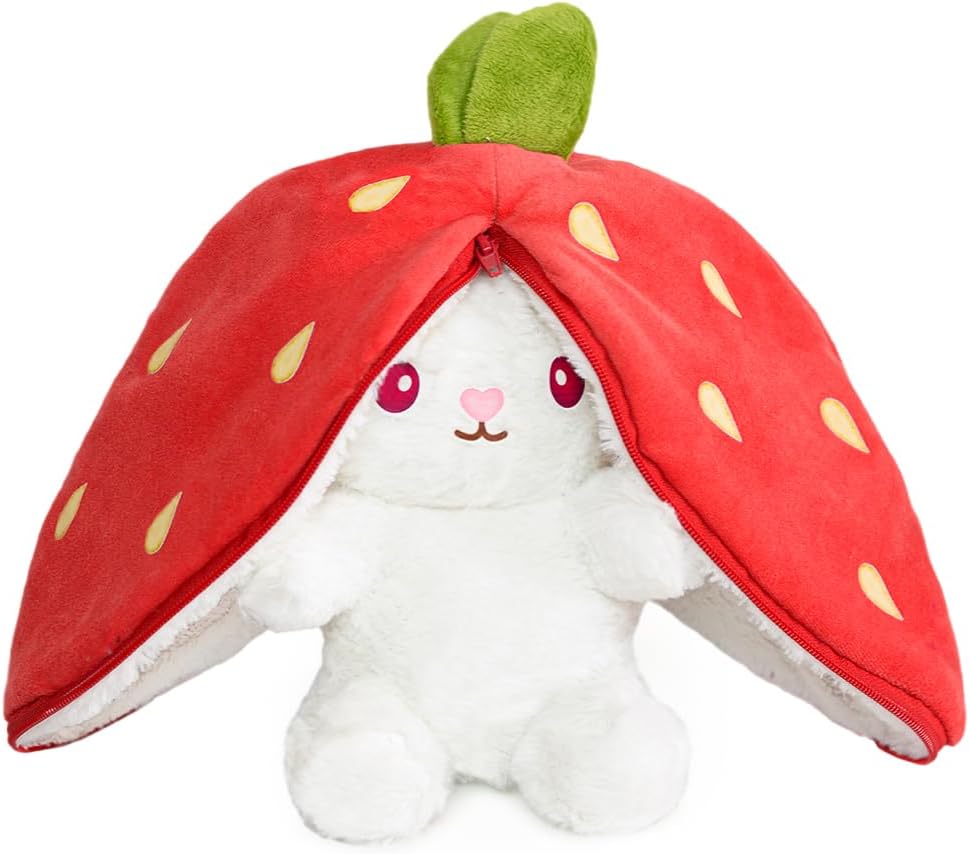 Pelüş Çilek Tavşan,Fermuarlı Meyve Çantasında Nakışlı,40 cm,Pembe, Kırmızı, Karpuz, Ananas, Havuç Model Seçenekleri,Paskalya,Çilek Tavşan (Kırmızıçilek)