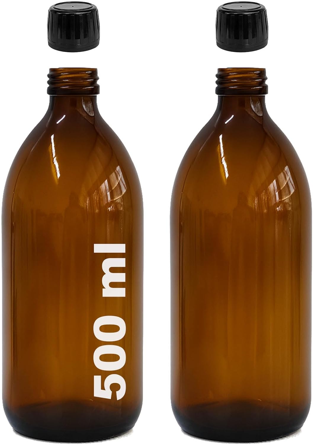 Ecza Şişesi, 500 ml, Kahverengi Cam, Plastik Contalı Kilit Kapak, Hava ve Sıvı Sızdırmaz, 28mm Ağız Çaplı, Parfüm Demlemek İçin Uygun, 2 Adet (500 ml, Siyah Kapak)