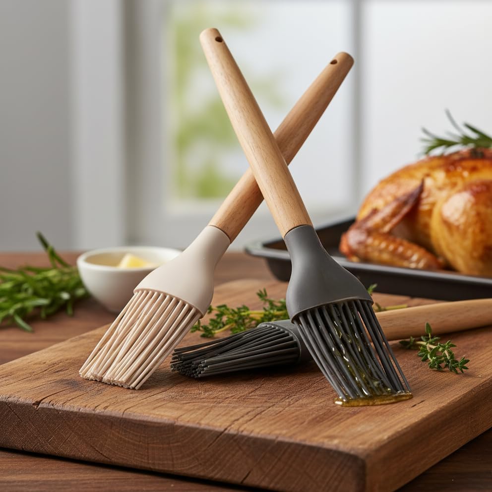 Bambu Saplı Silikon Fırça, Bambu Uzun Silikon Yağ ve Yumurta Fırçası 27cm 3 Renk Seçenekli (KREM)