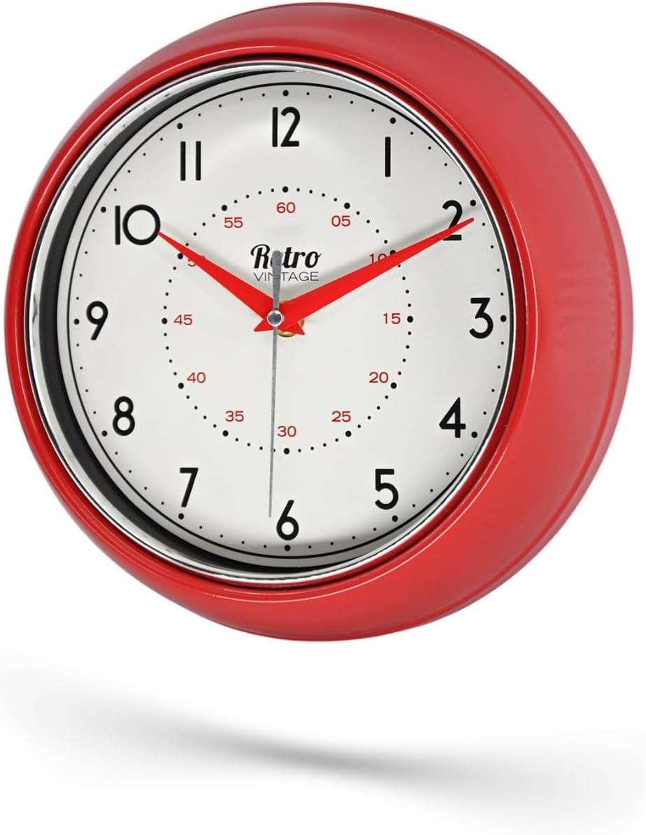 Premium Serisi Retro Tasarım Metal Kadranlı Bombeli Cam Özellikli 25 cm Ev ve Ofis Saati Kırmızı, 25cm
