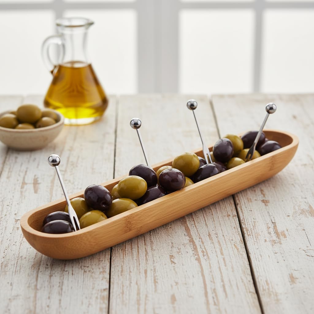 35cm Bambu Zeytinlik – Doğal Ahşap Oval Uzun Servis Tabağı | Meze Sunumu, Çerezlik, Atıştırmalık Tabağı | Çevre Dostu Mutfak ve Sofra Aksesuarı