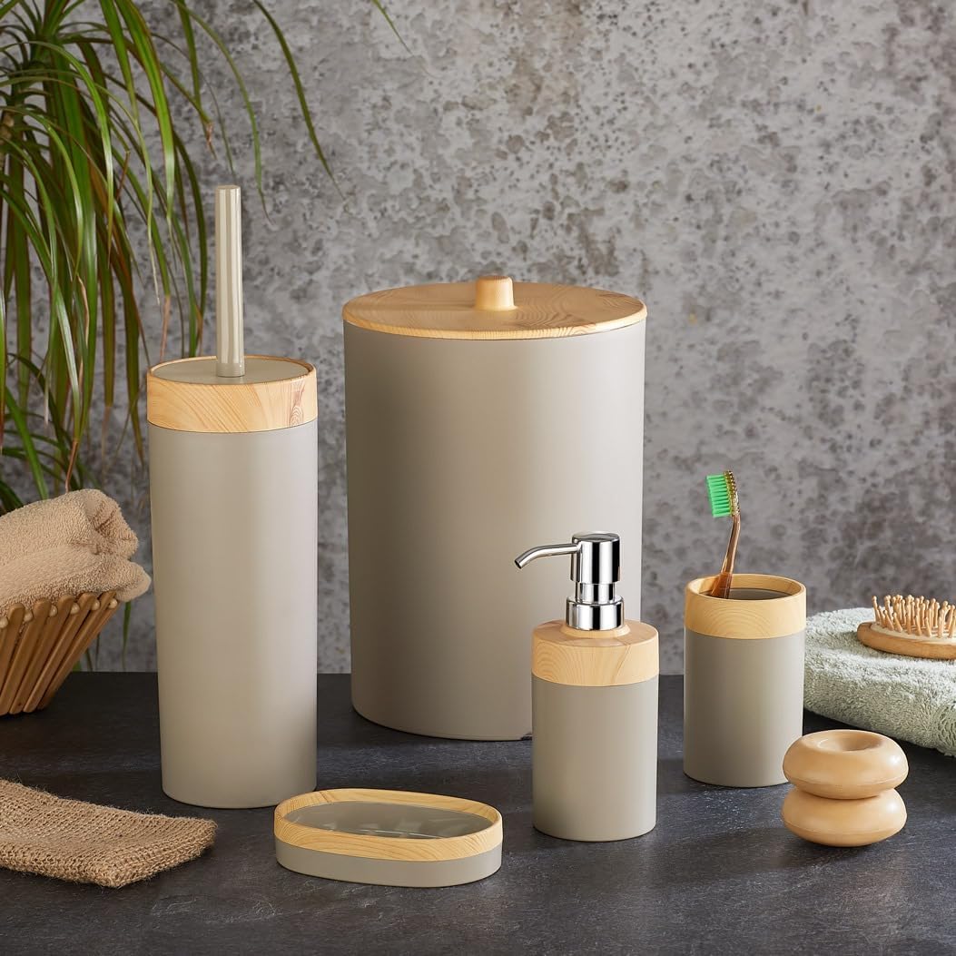 5 Parça Lüx Bambu Görünümlü Banyo Seti | 10 Litre Çöp Kovası ve Antibakteriyel Tuvalet Fırçası (KREM)
