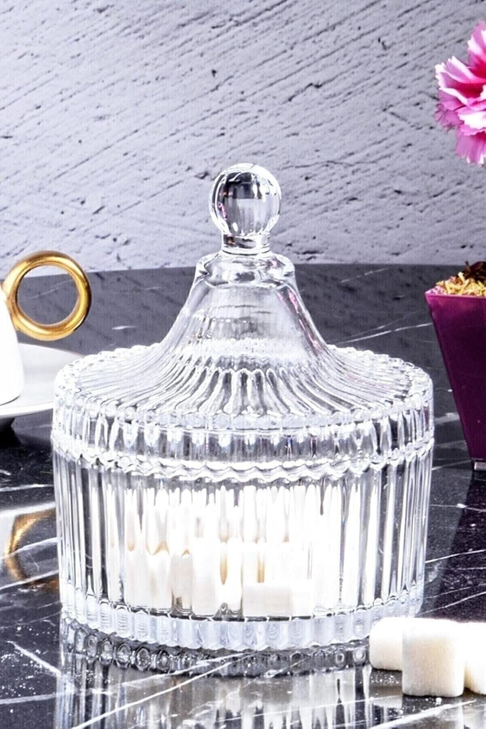 Porselen Diyarı Kesme Kapaklı Cam Şekerlik -Şeffaf