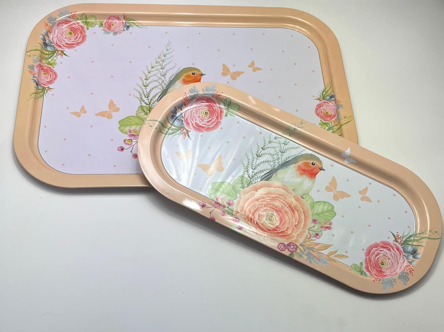 2'li Metal Tepsi Seti – Kuş ve Çiçek Desenli