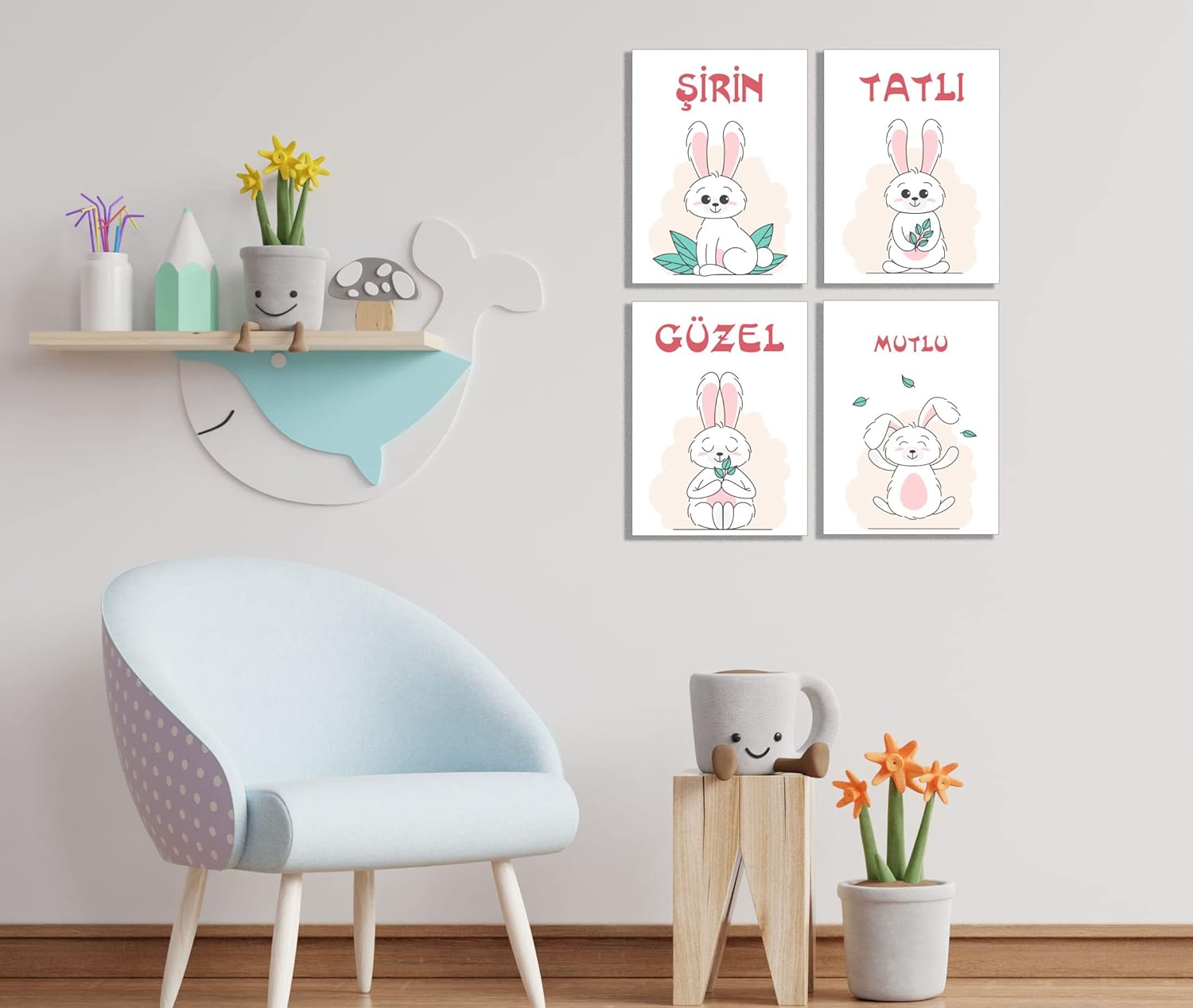 Bebek ve Çocuk odaları için güzel, tatlı, şirin ve mutlu 4 lü ahşap tablo seti