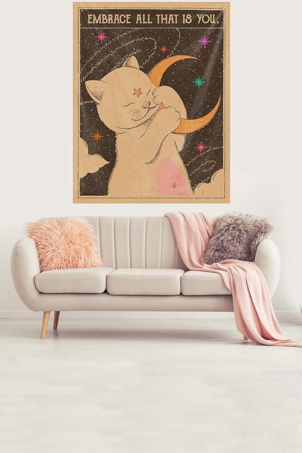 Pelangi Yıldızları Kucaklayan Sevimli Kedi Leke Tutmaz Kadife Kumaş Duvar Örtüsü Duvar Halısı Tapestry, Kahve-Sarı 70 x 100, 84955317010005