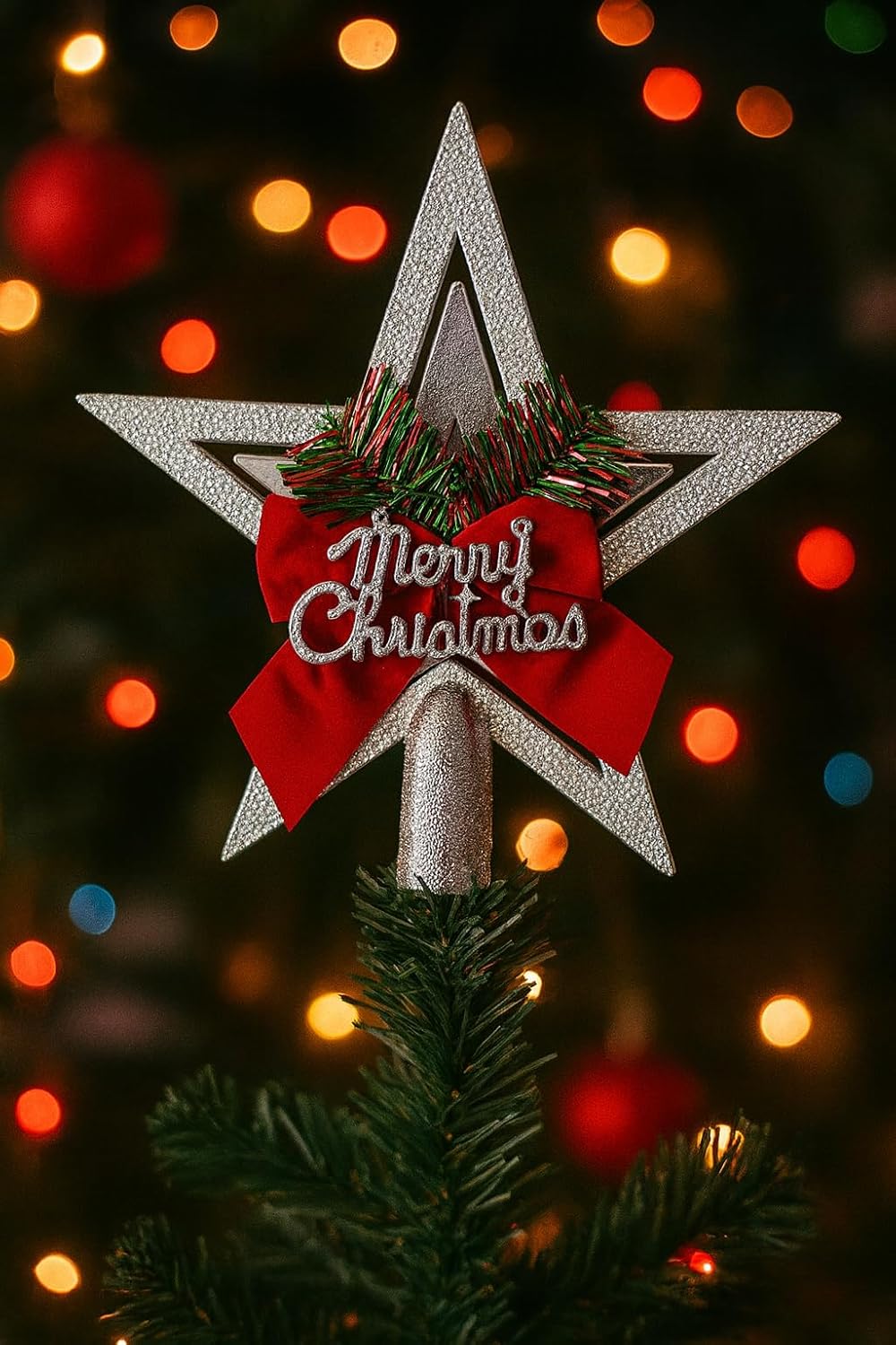 Yılbaşı Ağacı Yıldızı Kurdelalı Merry Christmas Yazılı Yılbaşı Süsü Gümüş