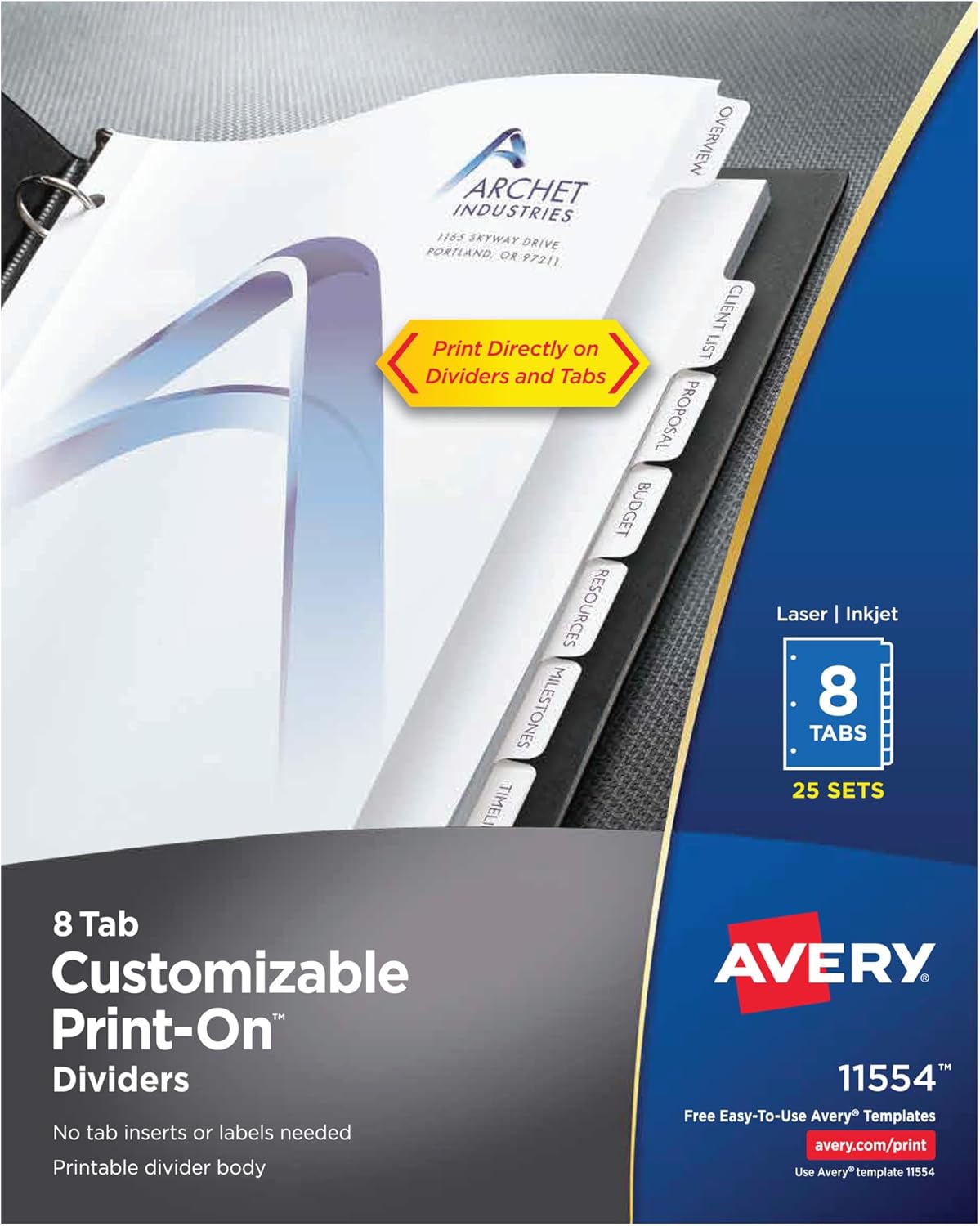 8-Tab Baskılı Bağlayıcı Bölücüler, Beyaz Sekmeler, 25 Takım (11554)