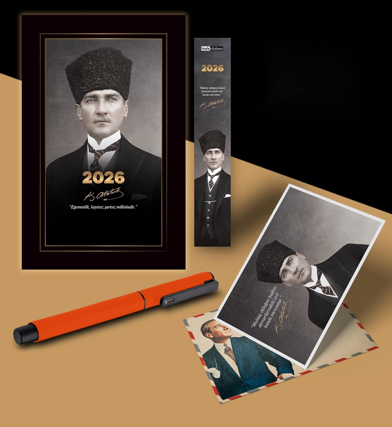 2026 Kalpaklı Atatürk Ajandası Ayraç Kartpostal Kalem - Turuncu