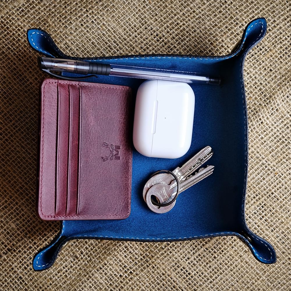 Trevi - Hakiki Deri Organizer Tepsi – Katlanabilir Masa Düzenleyici (13,5 × 13,5 cm), Zar Tepsisi Ofis Aksesuarı & Hediye (Lacivert)