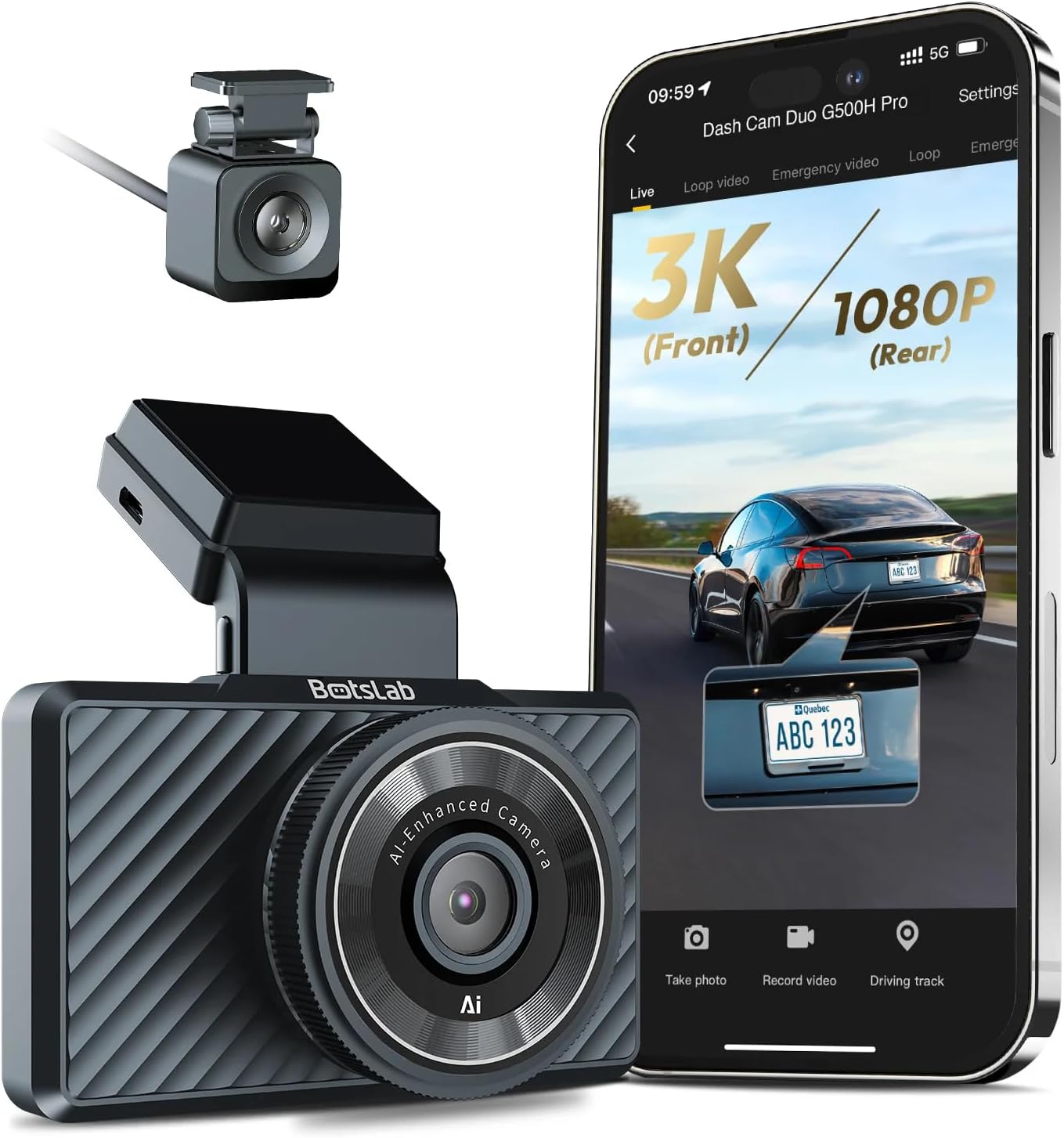 G500H Ön 3K-Arka 1080p 160° Geniş Açı Gece Görüşü Dahili GPS Akıllı Araç İçi Kamera