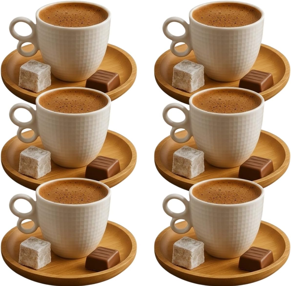 6'lı Seramik Türk Kahvesi Fincan Takımı – Ahşap Bambu Tabaklı, Modern Kulplu, Şık Kahve Sunum Seti